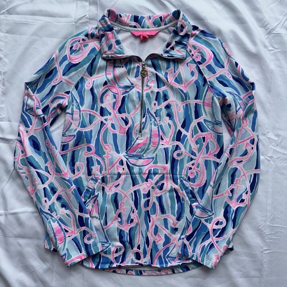 Lilly Pulitzer Skipper Popover Pullover Top Skim Blue Pink Sea Anchor Size Small